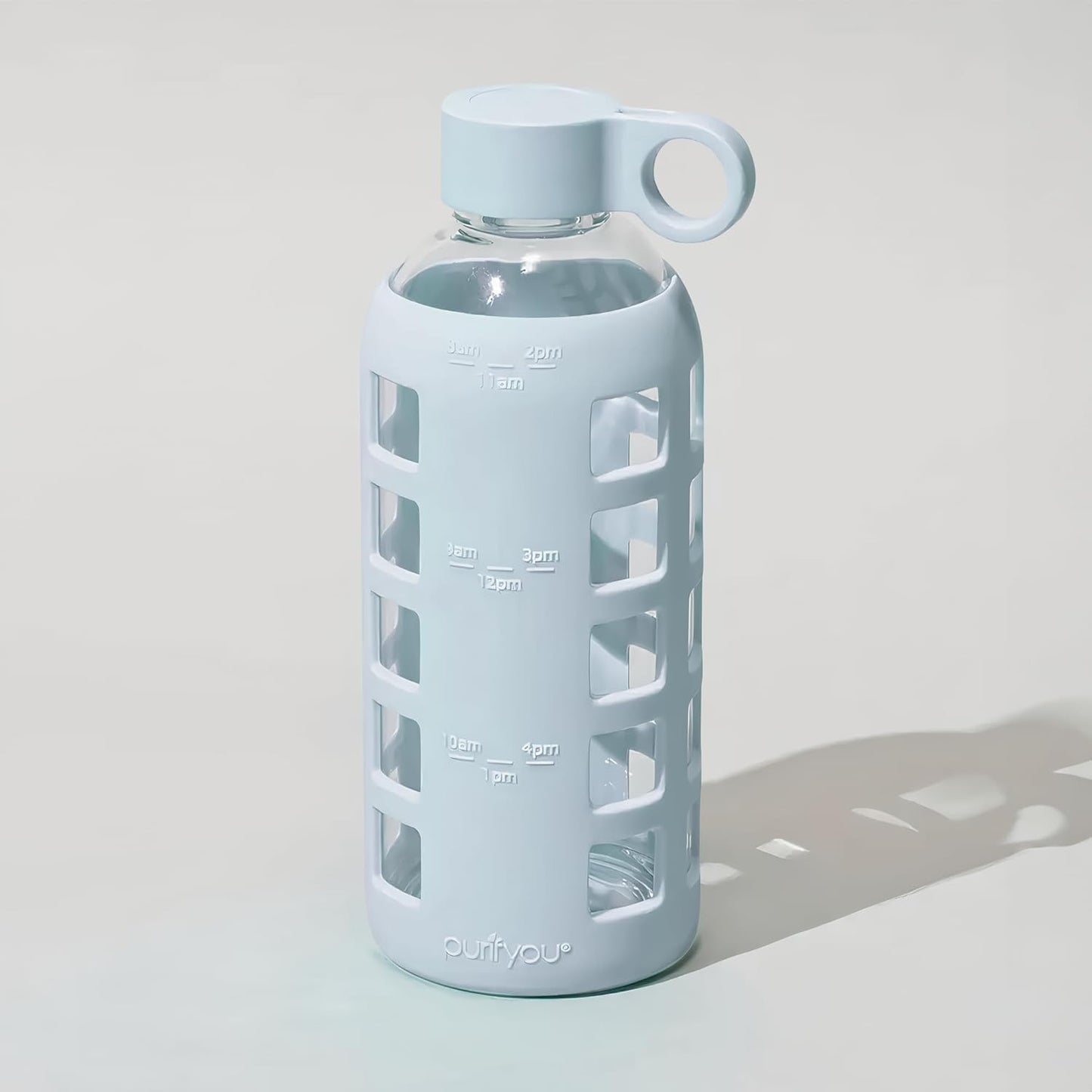purifyou 40oz / 32oz / 22oz / 12oz Borosilicate Glass Water Bottle with Time & Volume Markers, Silicone Sleeve, Stainless Steel Lid – Reusable Glass Bottle for Water & Juice (22oz Ice Blue)