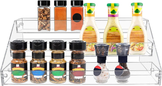PMMASTO Tiered Spice Rack, Seasoning Organizer, Clear Acrylic Vertical Shelves Can Organizer for Countertop, Cabinet, Pantry, Kitchen Organization and Storage - 3 Tier