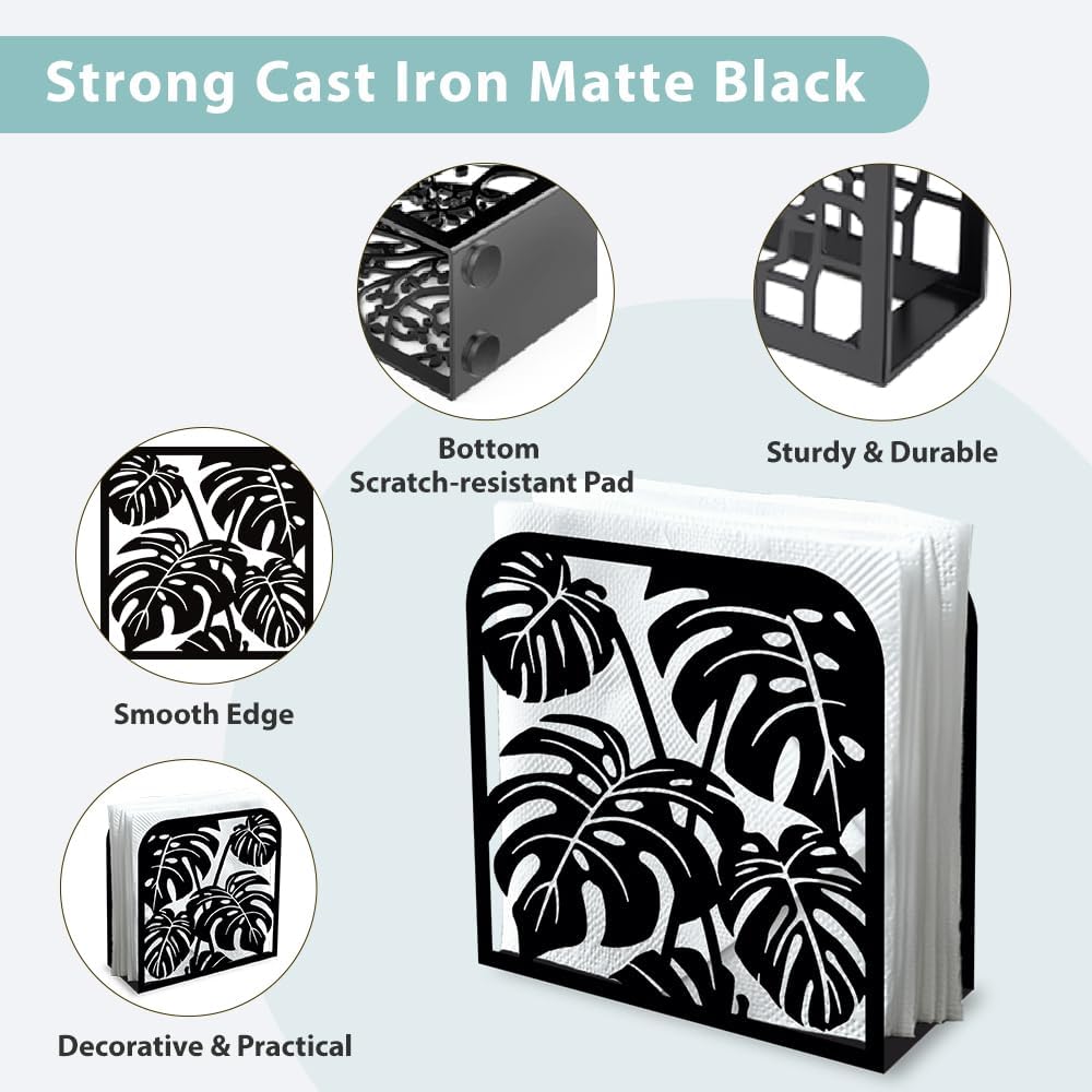 Monstera Leaf Decorative Black Metal Napkin Holder for Table, 4.9" x 4.9" x 1.9" Monstera Deliciosa Standing Napkin Holder for Home Kitchen Restaurant Picnic Party Coffee Bar Dining Room