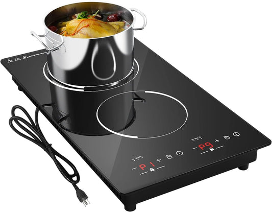 12“ Induction Cooktop, Double Induction Cooktop 2 Burner 110v-120v Electric Stove Top, Countertop and Built-in, 9 Power Levels, Child Lock, 120 Mins Timer