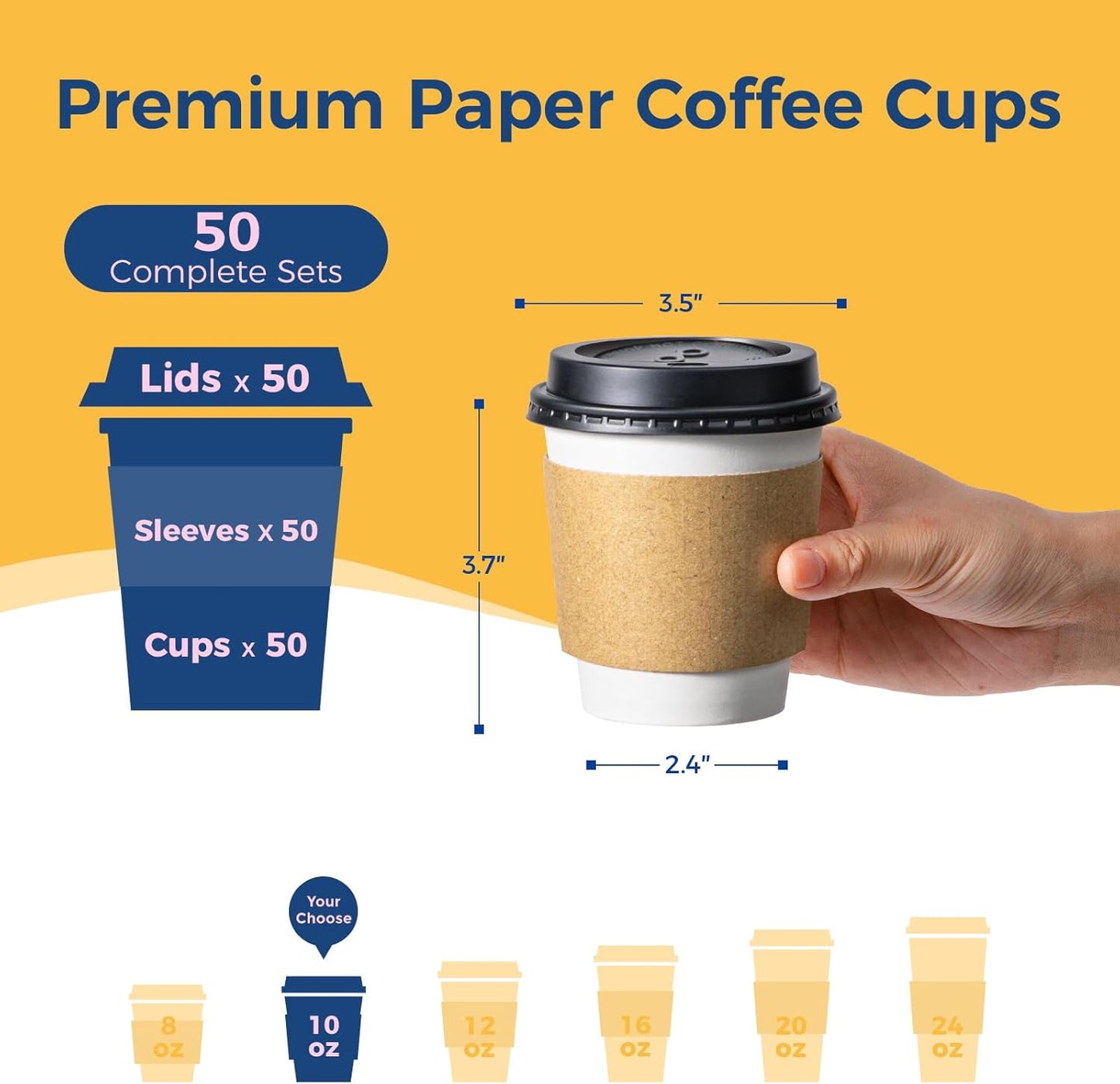 Fit Meal Prep 50 Pack 10 oz Disposable Coffee Cups with Lids, Sleeves, Leak-Proof To Go Coffee Cups with Lids, Durable Paper Cups for Hot Beverage, Home, Office, Party