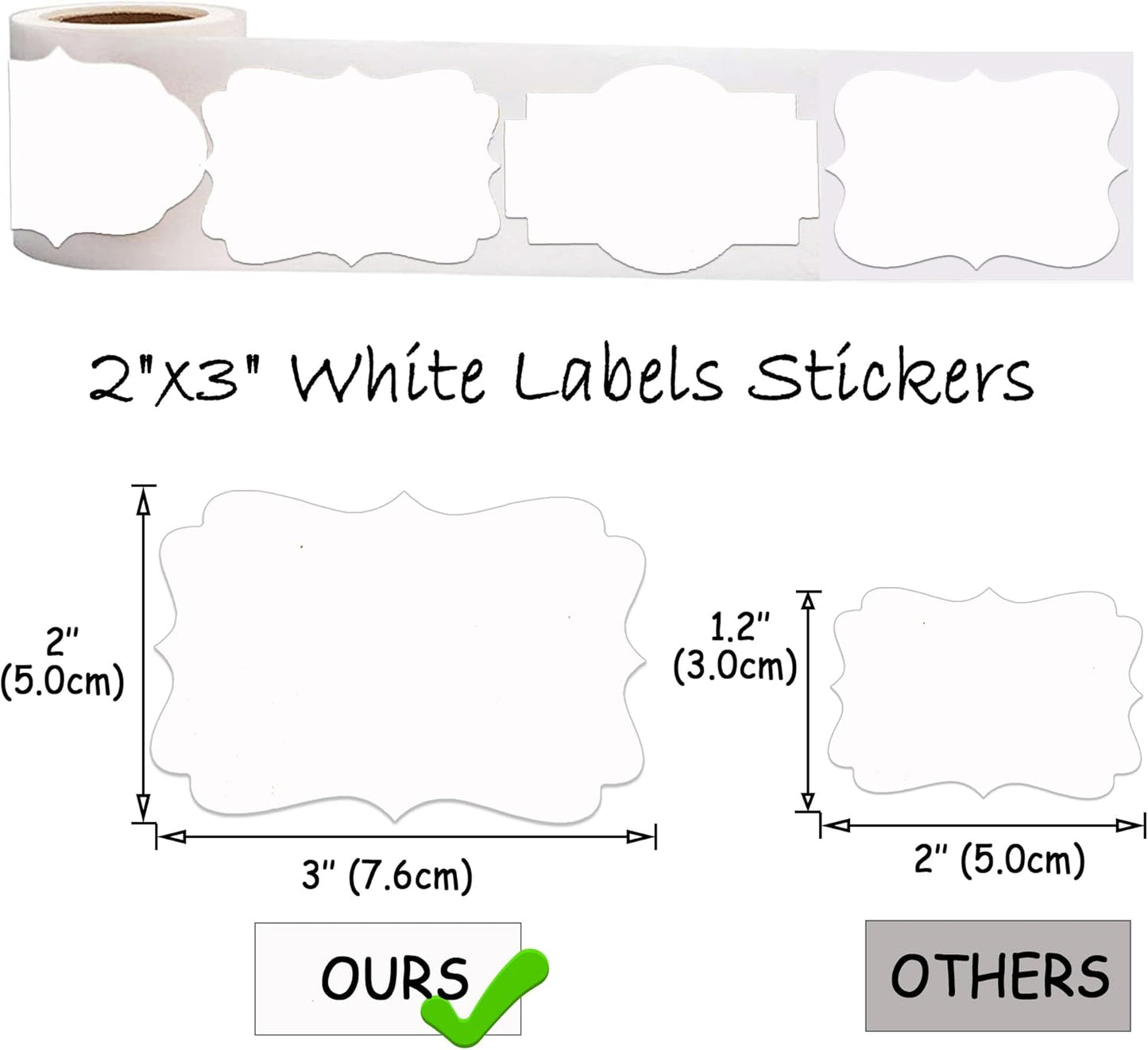 SALEMAR White Label Sticker, 2x3 inch Fancy Shape Labels for Essential Oil Bottle or Food Jars, Name Tags Stickers, 200PCS(White)