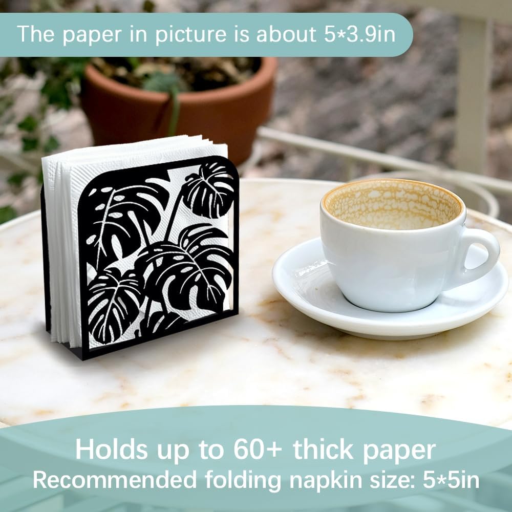 Monstera Leaf Decorative Black Metal Napkin Holder for Table, 4.9" x 4.9" x 1.9" Monstera Deliciosa Standing Napkin Holder for Home Kitchen Restaurant Picnic Party Coffee Bar Dining Room