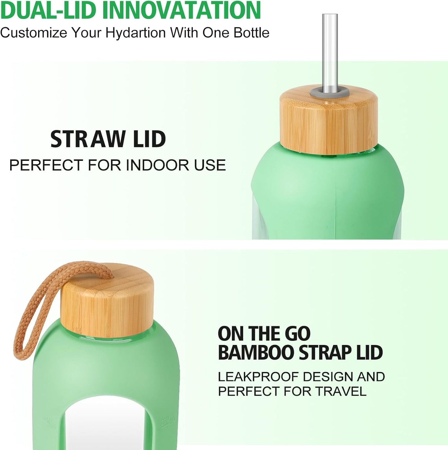 Glass Water Bottles 32 oz - Motivational Drinking Glass Water Bottle with Silicone Sleeve, Straw & 2 Bamboo Lids - 1 Liter Clear Borosilicate Daily Intake Tumbler with Time Marker - Jade Green