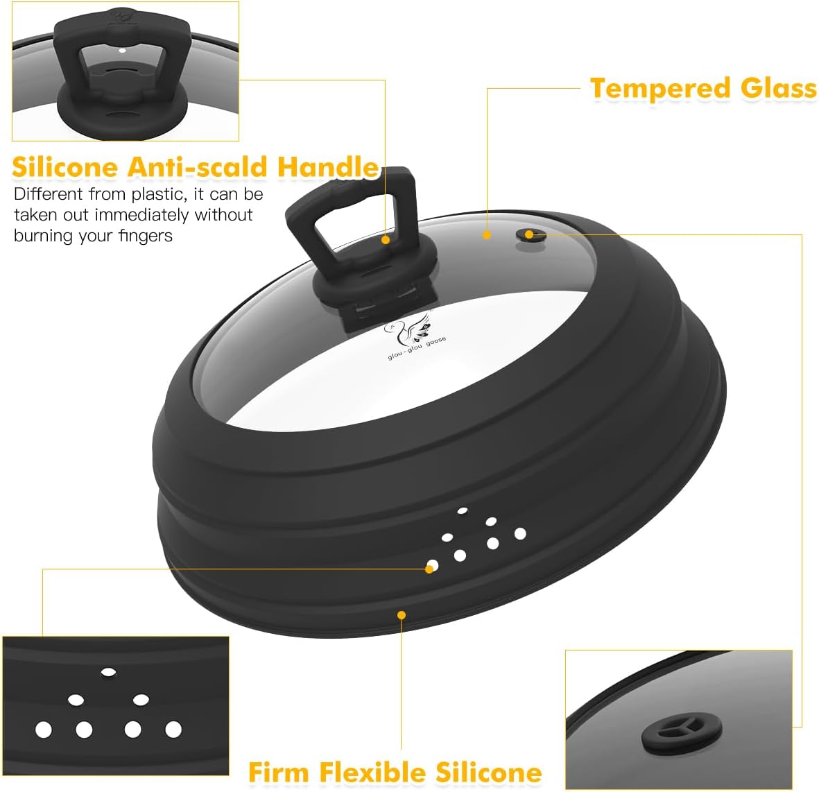 Microwave Splatter Cover Vented Glass Guard Lid with Collapsible Silicone for Food as Pot Cover 11.8 inch Large Plate for 6 7 8 9 10 11 inch Plate Bowl