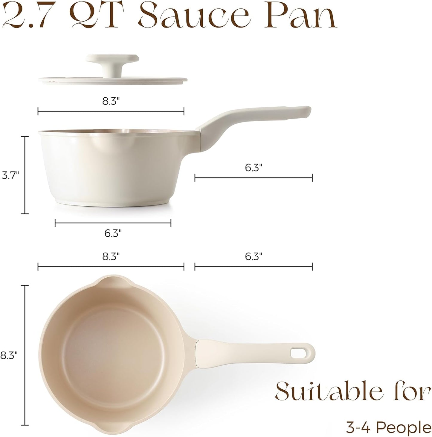 PRICUSIS Ceramic Nonstick Saucepan with Lid, 2.7 Quart Non Toxic Pot with Pour Spouts, Full Coated, 100% Dishwasher Safe, Induction Compatible & Oven Safe, PTFE PFAS & PFOA Free, Coconut White