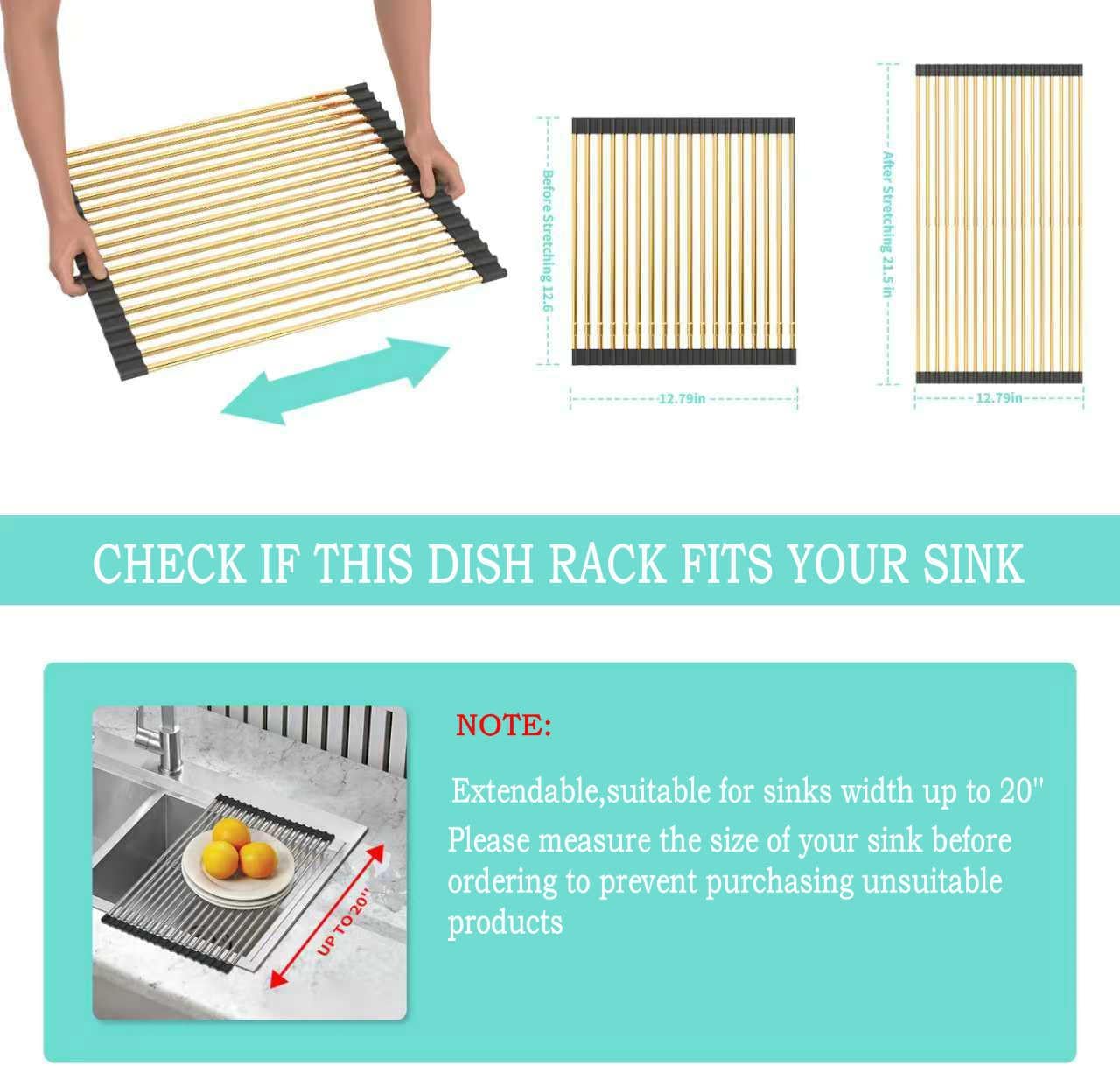 Large Telescopic Draining Rack, Gold Roll Up Heat-Resistant Dish Drainer for Stainless Steel Sinks, Non-Slip Silicone Rolling Dish Drainer Roll Rack 18 tube12.59-21.25x12.79''