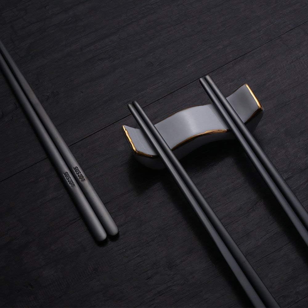 Buyer Star 5 Pairs Black Flat Reusable Metal Chopsticks - Stainless Steel Chinese Set With Case