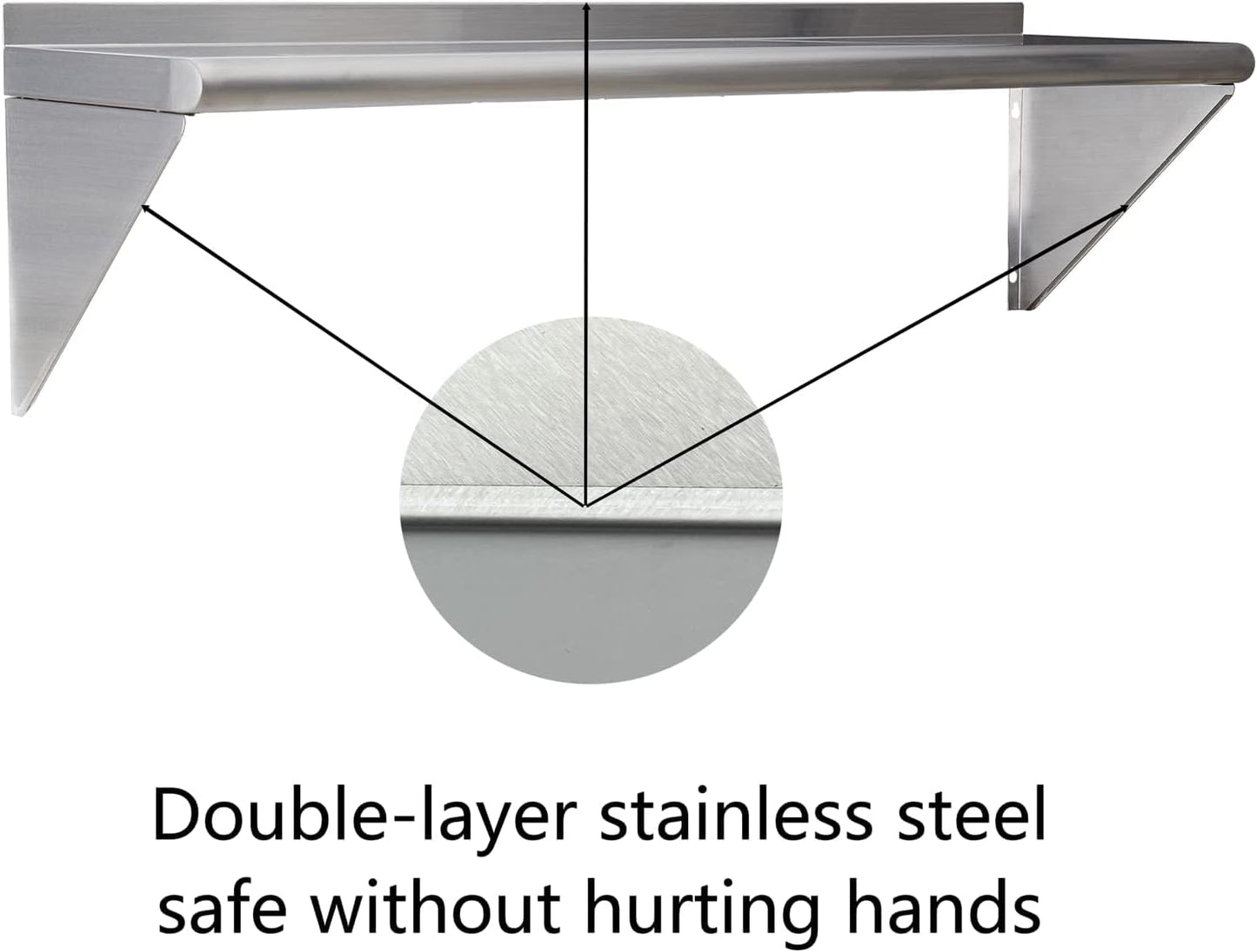 Stainless Steel Shelf 12"x48", Space-Saving Wall Mounted Shelving, 320lb Heavy Duty Steel Shelves with Easy-Clean Surface for Kitchen, Restaurant, Bar, Hotel (Commercial & Home Use)
