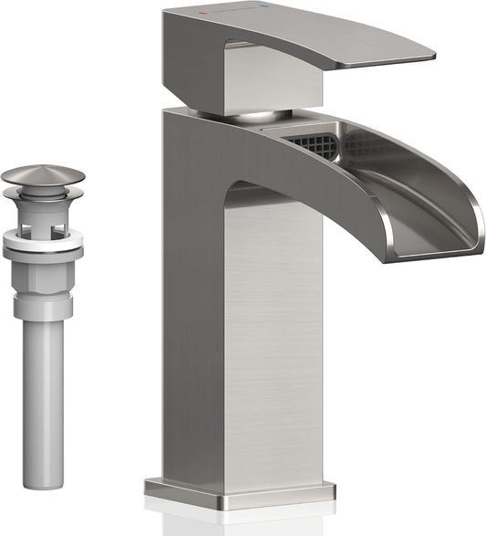 Brushed Nickel Bathroom Faucet Waterfall, Vanity Faucet Brass for Sink 1 Hole Single Handle Modern Mixer Tap with Pop-up Drain Stopper for Lavatory Farmhouse RV