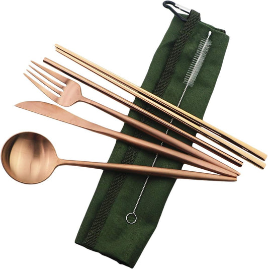 Gugrida Reusable Travel Utensils, 7 Piece Portable 304 Stainless Steel including Knife Fork Spoon Chopsticks Cleaning Brush Straws Portable Pouch, Eco-friendly Camping Silverware Set, Dishwasher Safe