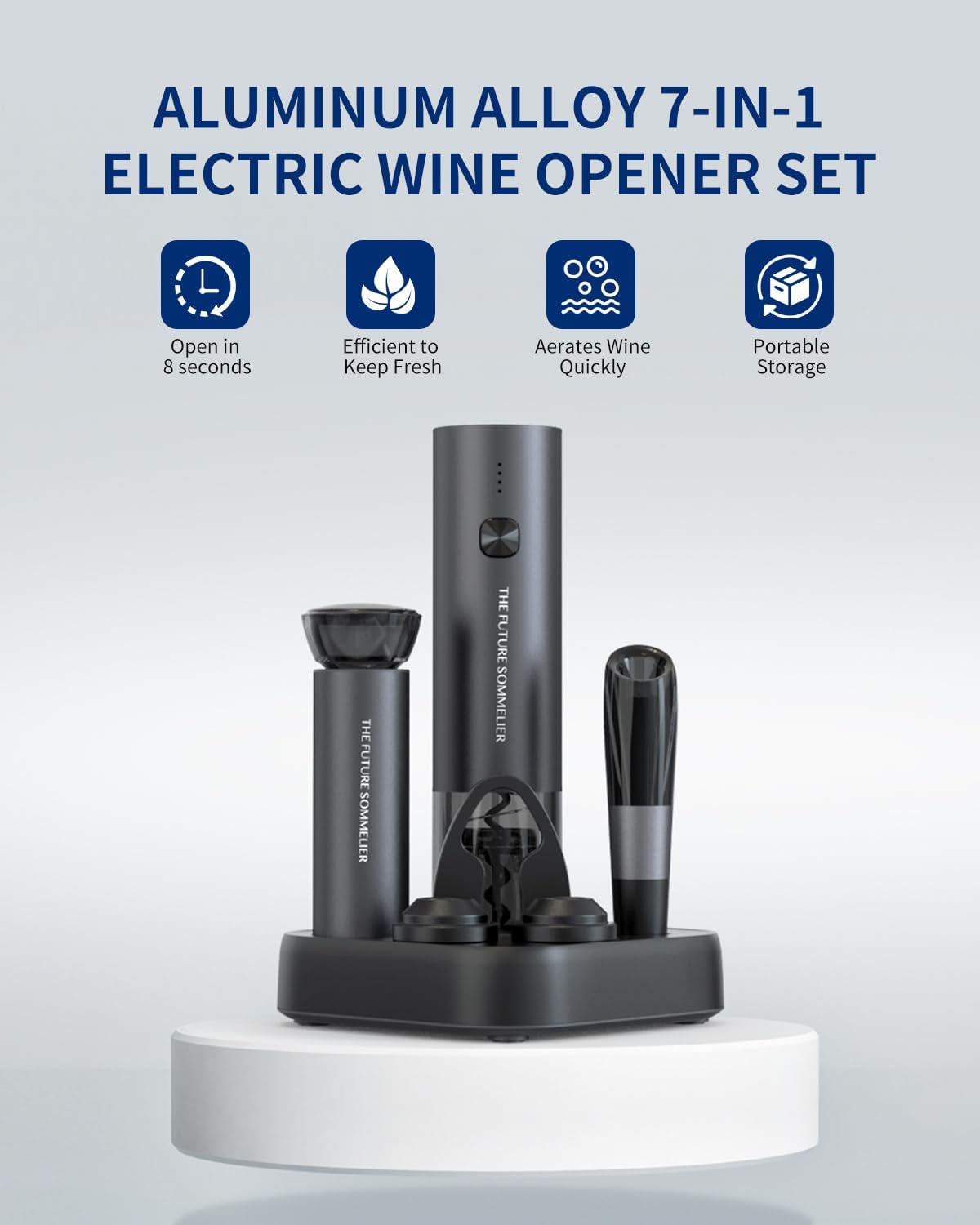 CIRCLE JOY Rechargeable Electric Wine Opener Set 7-in-1 Aluminum Alloy Wine Gift Set with Electric Corkscrew, Foil Cutter, Wine Pourer, Charging Base, Vacuum Pump and 2 Wine Stoppers