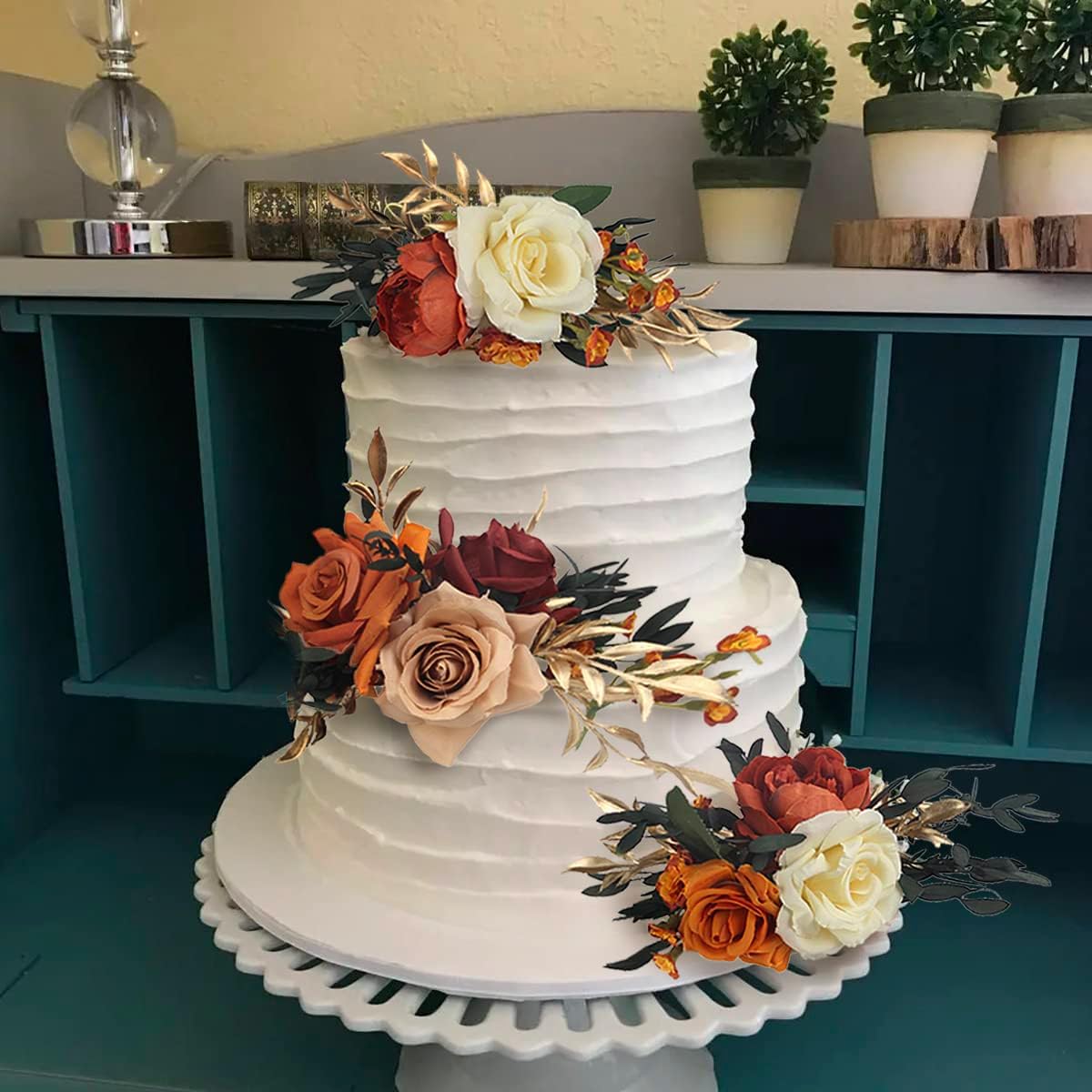 Rinlong 3Pcs Pre-made Cake Topper Cake Decorating Flowers for Cake Decor Boho Burnt Orange Fall Cake Flowers for Wedding Baptism Birthday Party Bridal Baby Shower