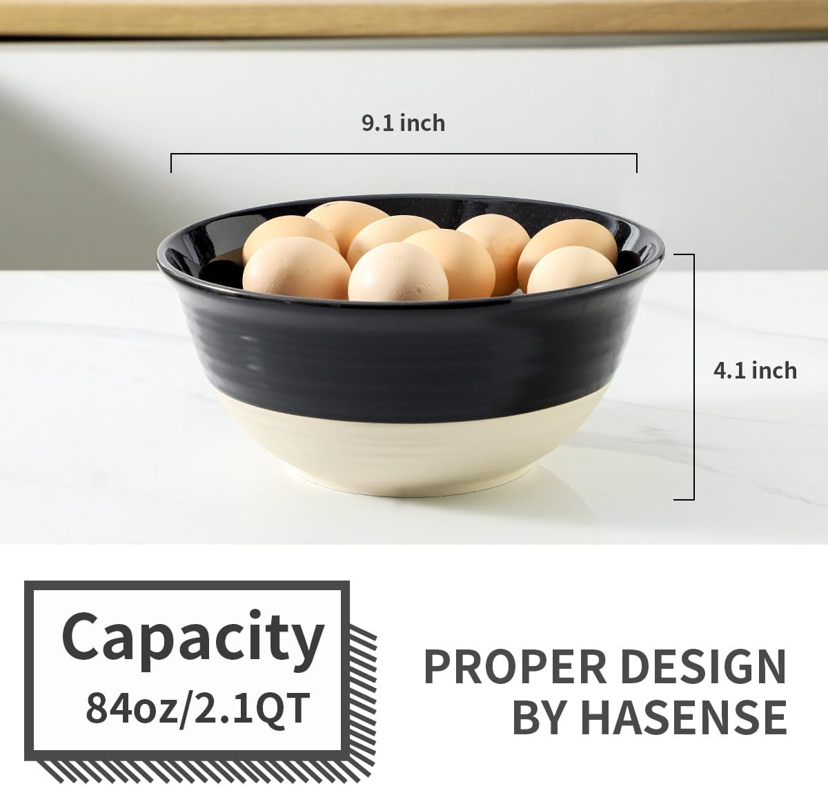 Hasense Ceramic Serving Bowls Set of 2, 9 Inch Large Salad Bowls for Kitchen, 84 Ounce Mixing Bowl Set for Cooking, Baking, Side Dishes, Soup, Popcorn, Dishwasher and Microwave Safe, Black