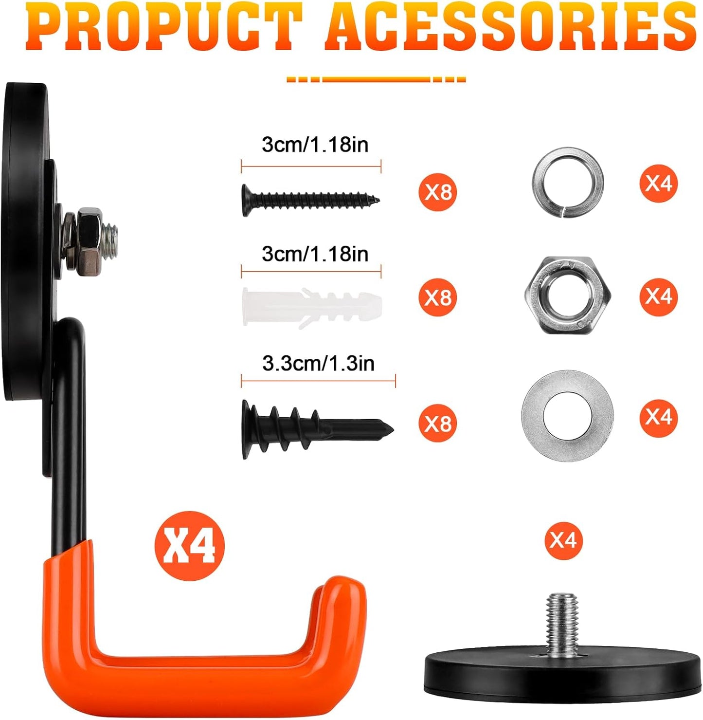 Large Magnetic Hooks Heavy Duty Magnetic Garage Hook,4 Pack Magnet Hooks with Anti-Slip Coating, Strong Storage Utility Magnetic Hook fo Metal Cabinet,Pegboard,Garage Shelve,Garden Tools(Orange,M)