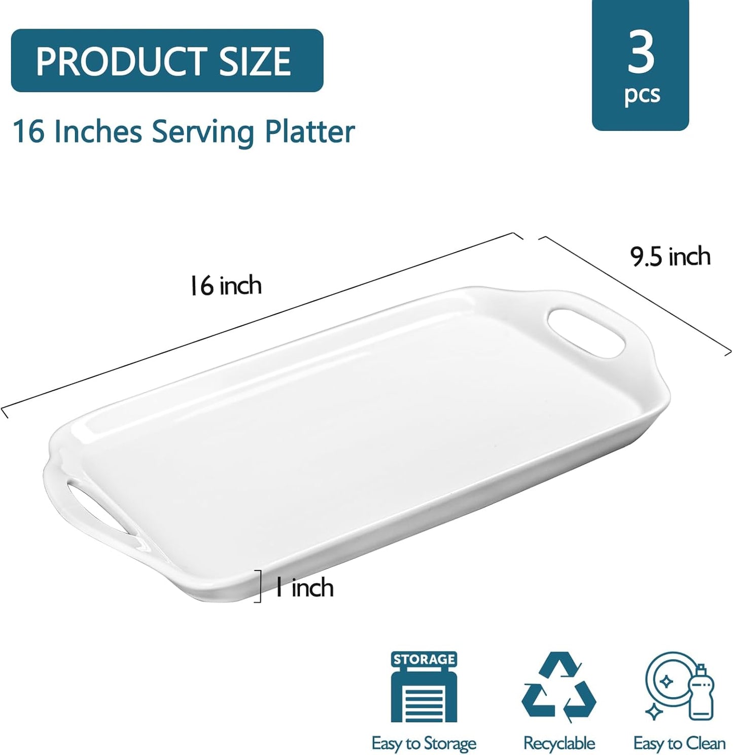 Serving Tray with Handles, 16"x 9.5" Large Serving Platter, White Porcelain Platters for Serving Food, Serving Platters and Trays for Parties, Entertaining, Dessert, Fruit, Turkey, 3-Pack, Rectangle