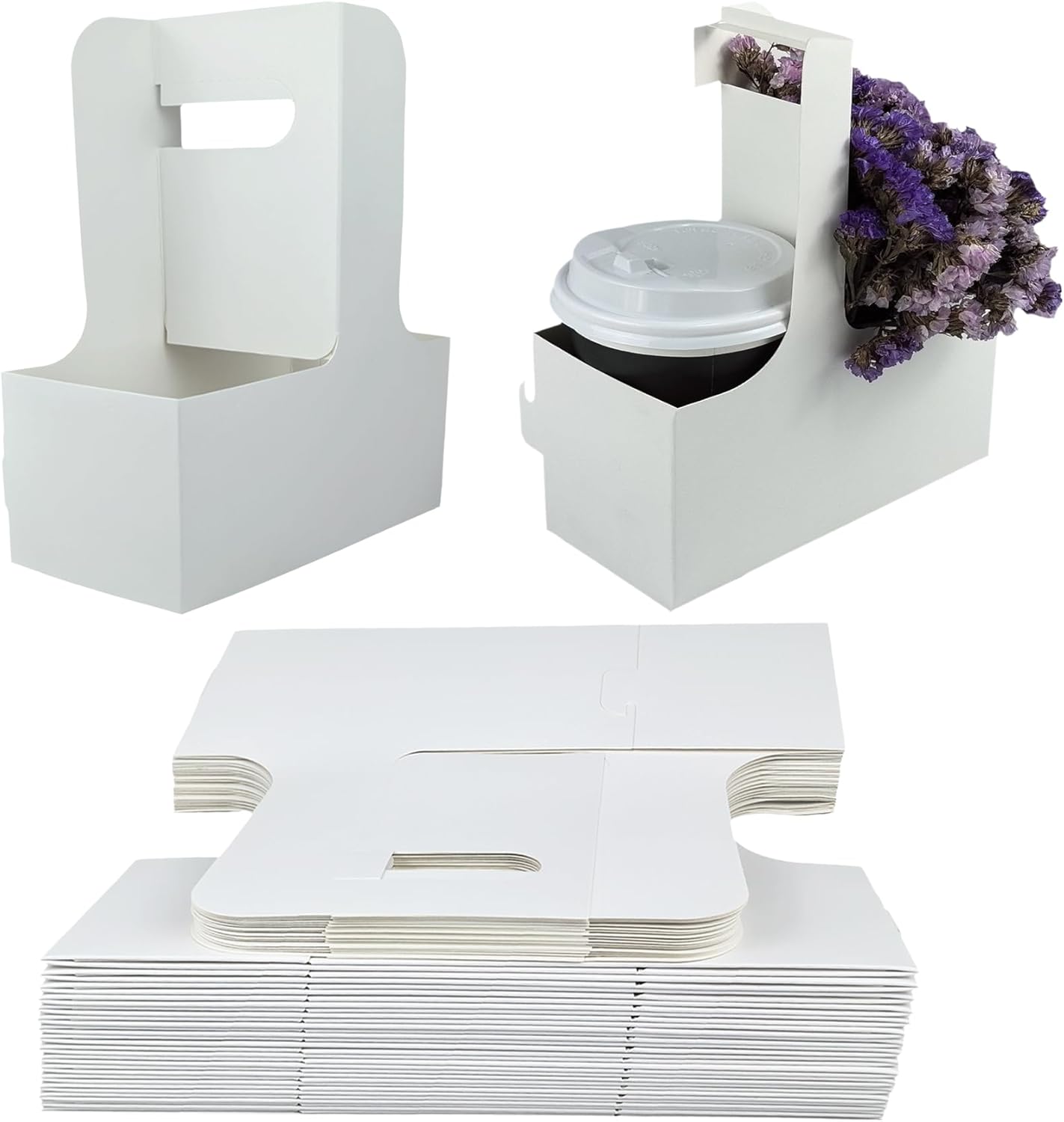 50 Pack 2-Cup Drink Carrier with Handle, Disposable White Cardboard Paper Cup Holder for Cold/Hot Drinks,Cup Carrier for Coffee or Food Delivery, Take Out Cup Carriers, Mlfklmkl