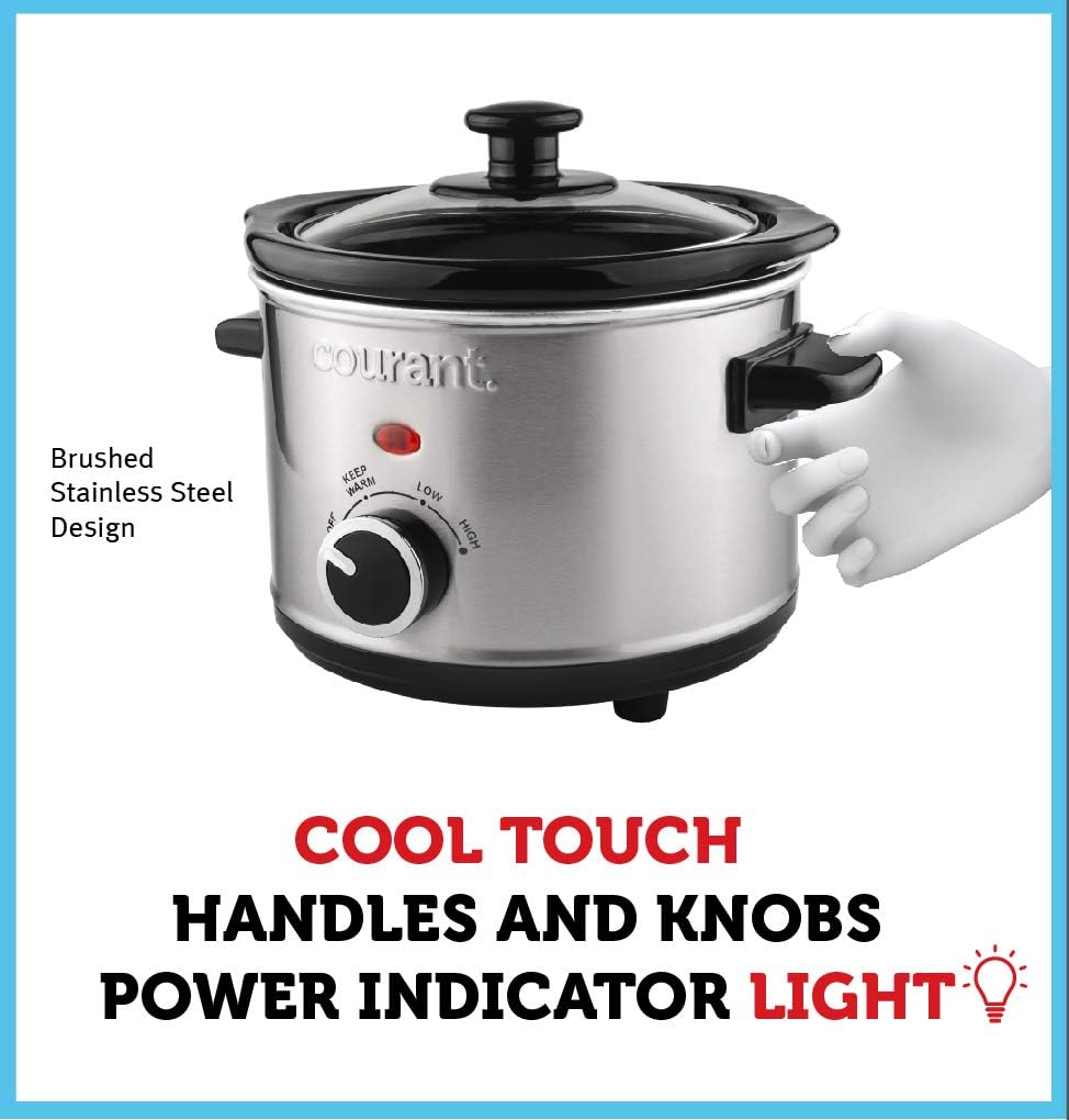 Courant Small Slow Cooker 1.6 QT, 3 Heat Settings, Removable Ceramic Pot" Easy Clean, Dishwasher Safe, Mini Slow Cooker, Stainless Steel
