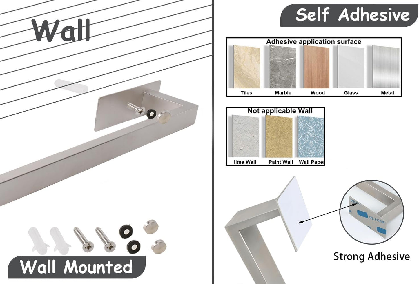 Bathroom Towel Bar Self Adhesive, No Drilling Towel Rack Easy to Install, Hand Towel Holder Made of Premium Stainless Steel Sticky on Hand Towel Hanger for Kitchen, Toilet.(17.7IN, Brushed)