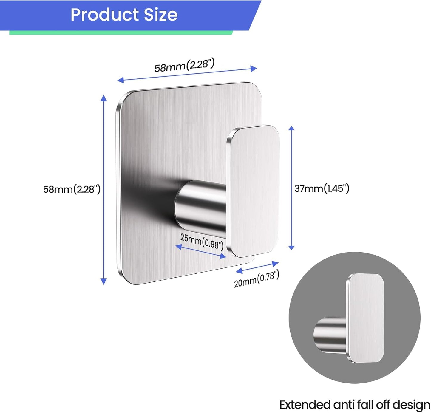 Silver Hooks for Hanging Heavy Duty, Adhesive Hooks for Shower, Bathroom, Kitchen, Robe, Towel, Coat, Waterproof & Rustproof Hook for Walls No Damage, Stainless Steel Sticky Hook - 6 Pack