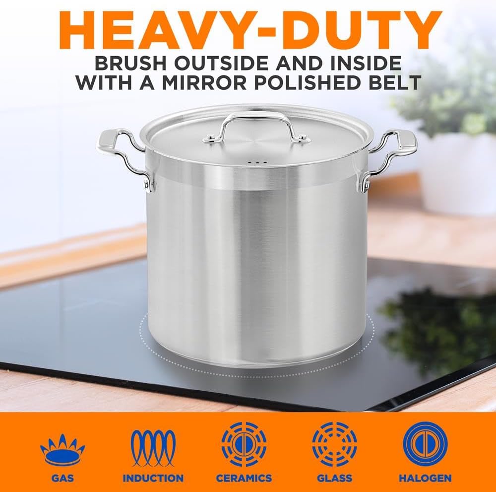 Stainless Steel Cookware Stockpot - 20 Quart, Heavy Duty Induction Pot, Soup Pot With Stainless Steel, Lid, Induction, Ceramic, Glass and Halogen Cooktops Compatible - NCSPT20Q