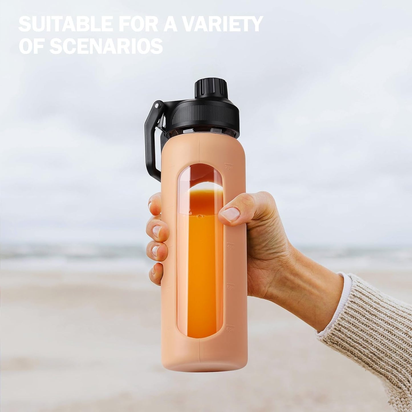 Glass Water Bottle with Straw, 24oz Glass Drinking Bottle with 2 Lids-Bamboo and Spout Lid with Phone Holder Handle for Gym Sports,with Silicone Sleeve and Time Marker,Amber