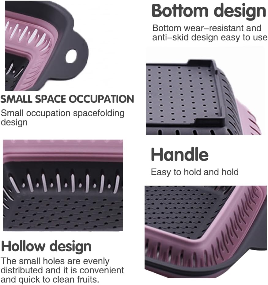 Collapsible Colander Set, Square Round Triangles Silicone Kitchen Strainer Perfect for Draining Pasta Vegetable fruit 2 PCS (10.8"L x 8.6"W x 2"H, Red & Green)