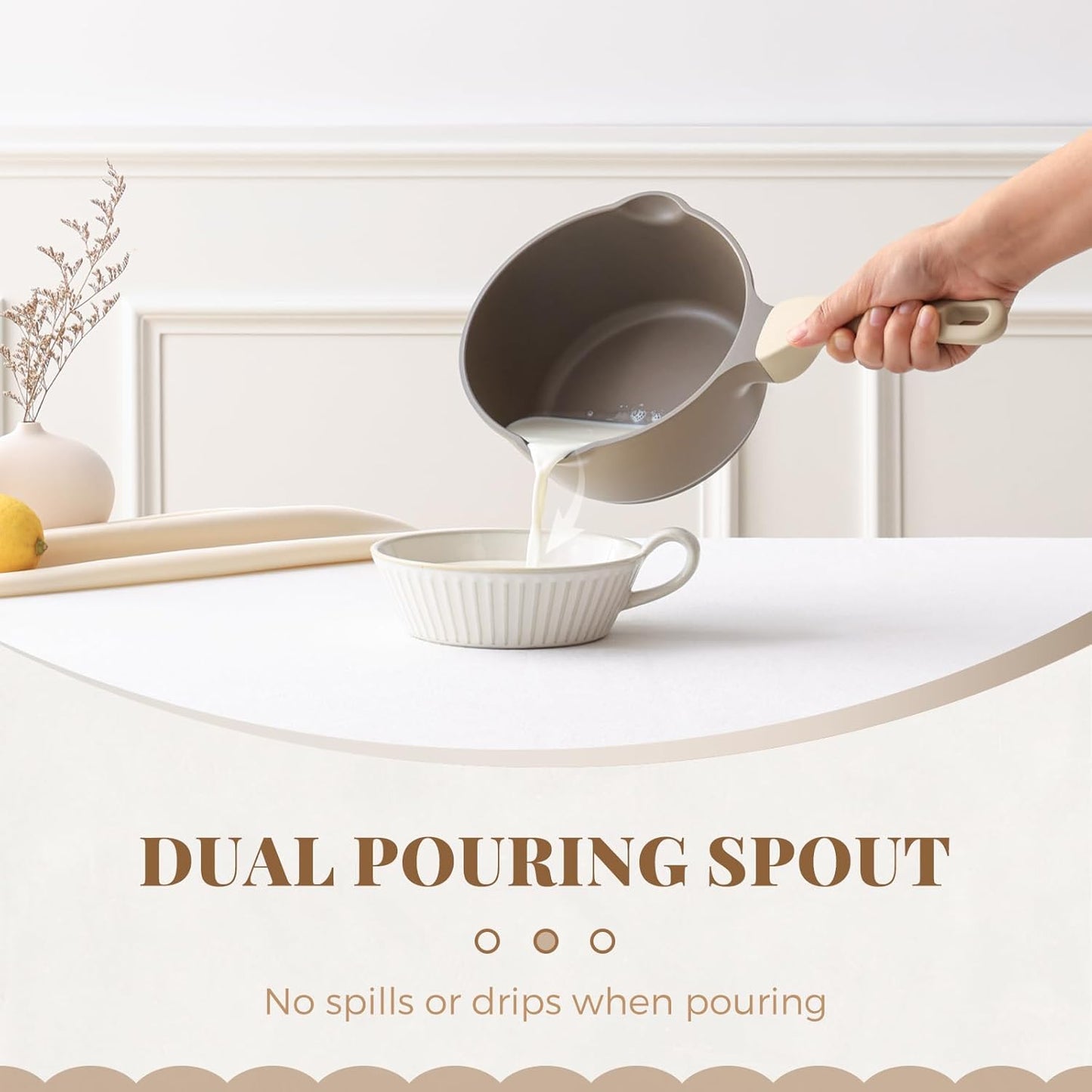 PRICUSIS Nonstick Saucepan with Lid, 2 Quart Sauce Pan, Healthy Sauce Pot with Pour Spouts for Multipurpose Use, PTFE, PFOA Free, Induction Compatible, Apricot