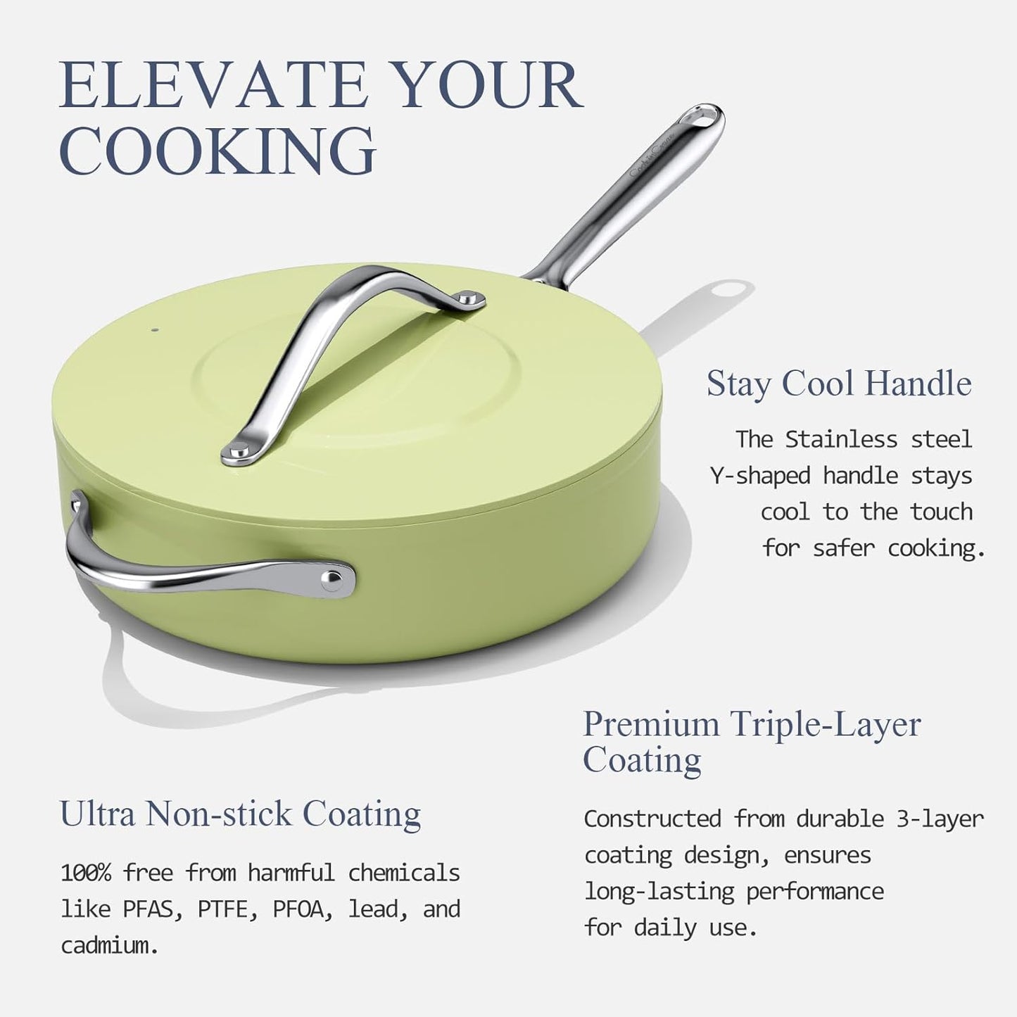 Nonstick Ceramic Sauté Pan with Lid (4.5 qt, 11"), Deep Frying Pan for All Cooktops - Non Toxic, PTFE/PFAS Free, Dishwasher & Oven Safe up to 500°F - with Stay Cool Handle - Avocado Green