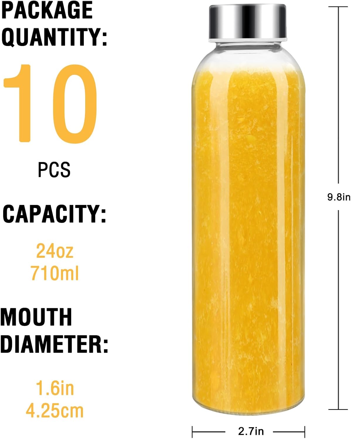 Sursip 24oz Glass Water Bottle Set of 10, Leak Proof Clear glass juice bottle for juicing, Reusable Drinking Bottles with Stainless Steel Lid, Beverage Storage Containers for Refrigerator-BPA Free