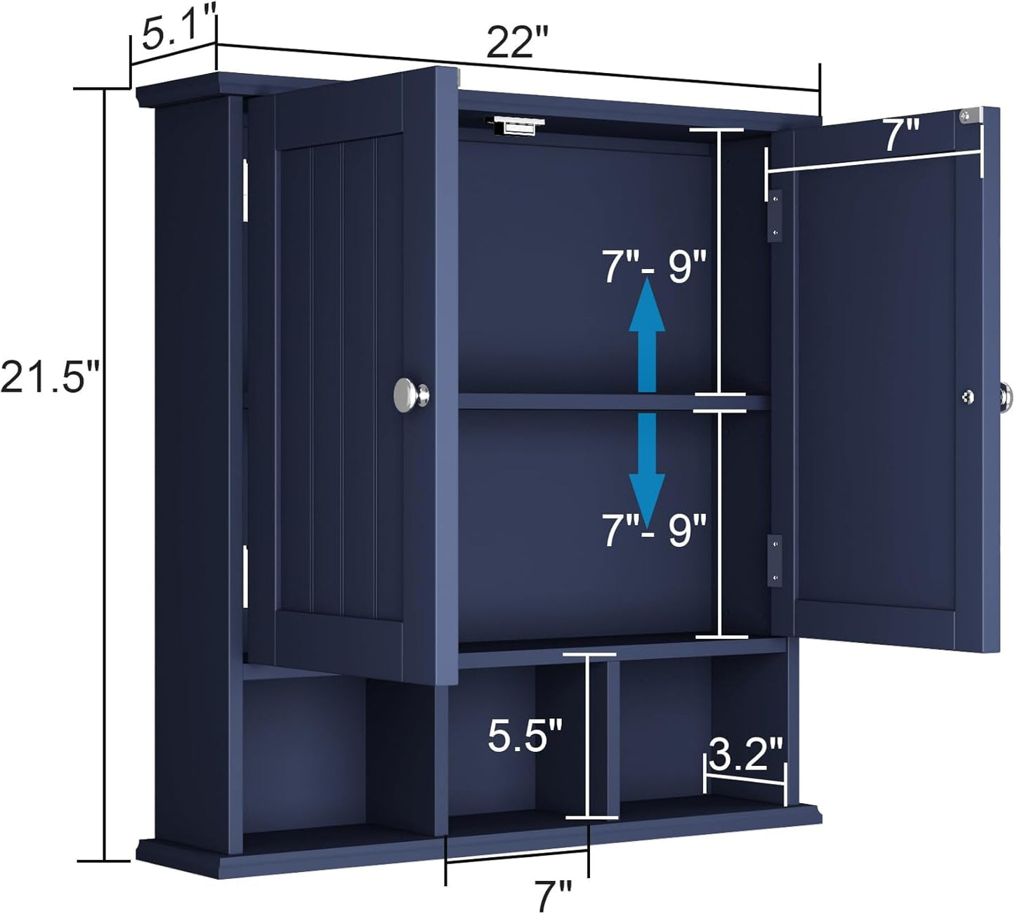 ChooChoo Bathroom Cabinet Wall Mounted 2-Door with 3 Open Shelves， Wooden Medicine Cabinets with Adjustable Shelf，Space Saver Storage Cabinets Over The Toilet for Bathroom&Living Room,Blue