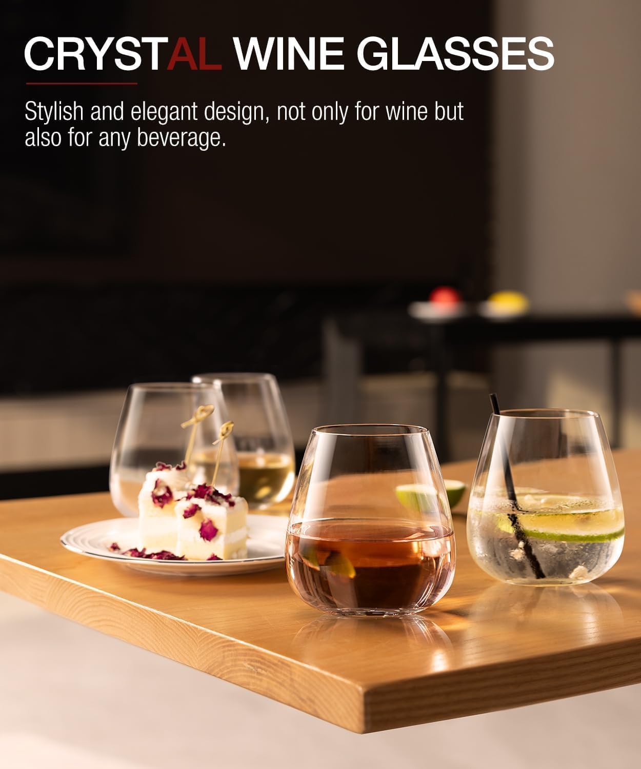 LUNA & MANTHA Stemless Wine Glasses Set of 4(17oz),Hand Blown Crystal for Red & White Wine, Ideal for Daily Use & Special Occasions,|Perfect Gifts for Men, Women