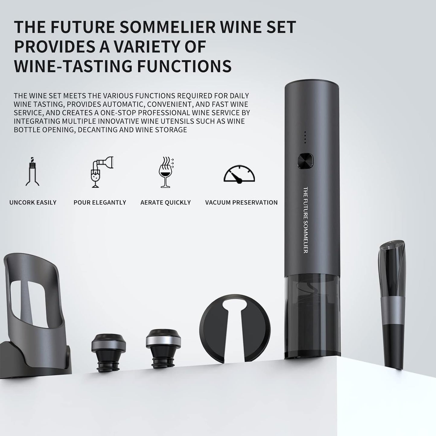 CIRCLE JOY Rechargeable Electric Wine Bottle Opener Set 7-in-1 Aluminum Alloy Wine Gift Set with 2-in-1 Electric Corkscrew & Vacuum Pump, Foil Cutter, Wine Pourer, Charging Base and 2 Wine Stoppers