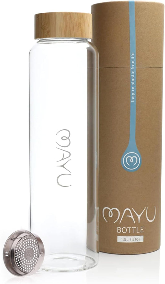 mayu Glass Travel Water Bottle | Sustainable Borosilicate Glass Bottle with Bamboo Lid & Sieve – Plastic-Free, Leak-Resistant Hydration for Home, Gym & On-the-Go (1.5L)