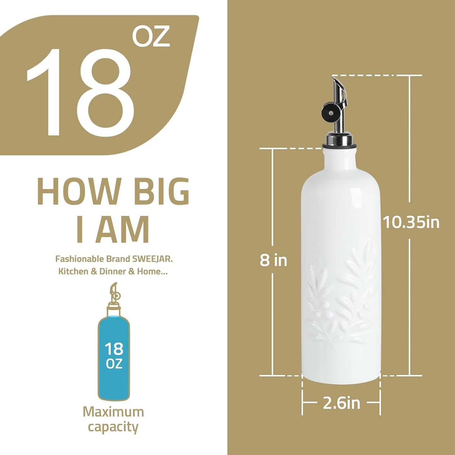 Sweejar 18 Oz Oil Dispenser for Kitchen with Gravity Spout, Ceramic Olive Oil Dispenser Bottle, Relief Opaque Vinegar Container for Evoo, Vinegar, Soy Sauce, Pack of 1(Fogblue, Silver Spout)