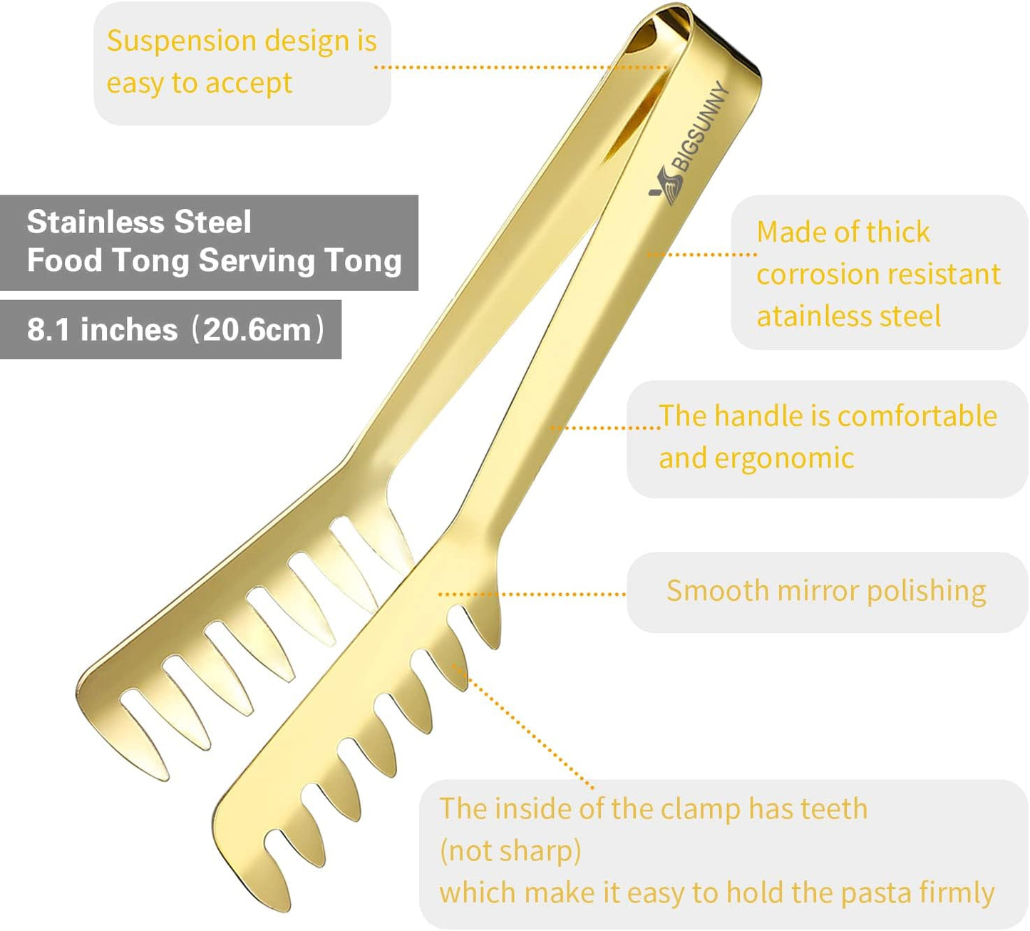 MSY BIGSUNNY 8 Inch Stainless Steel Pasta Tongs, Spaghetti Tongs with Teeth, Serving Tongs for Noodles, Spaghetti, Cooking (Set of 2, Shiny Gold)