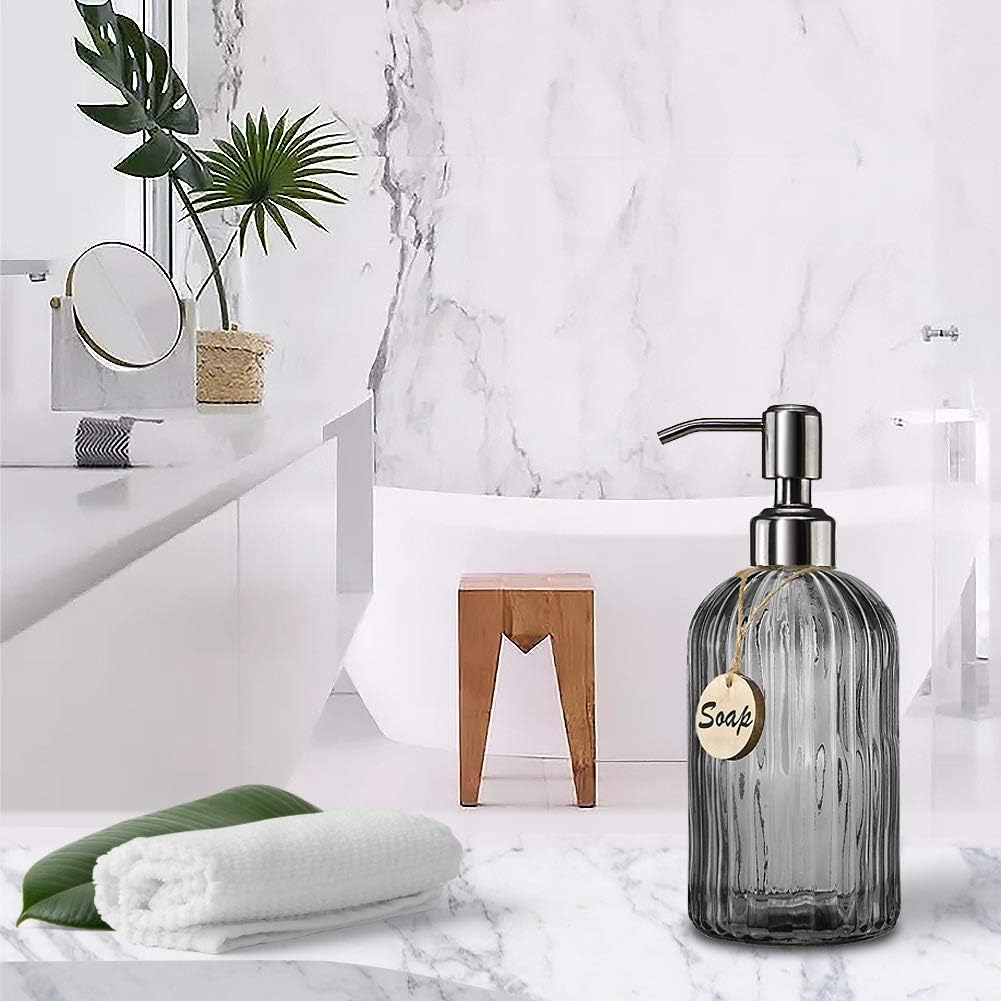 JASAI 18 Oz Vertical Stripes Kitchen Soap Dispenser with 304 Rust Proof Stainless Steel Pump, Refillable Liquid Soap Dispenser for Bathroom, Kitchen, Hand Soap, Dish Soap (Clear Grey)