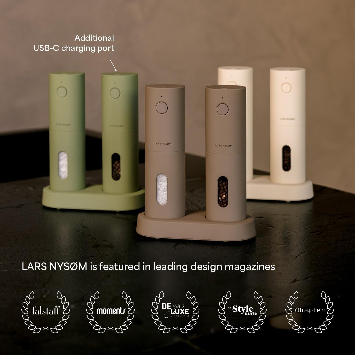 LARS NYSØM Electric Salt and Pepper Grinder Set, USB Rechargeable, Automatic Salt and Pepper Mills, Spice Shakers Refillable with LED Light, Adjustable Coarseness, Ceramic Grinder (Sage Green)