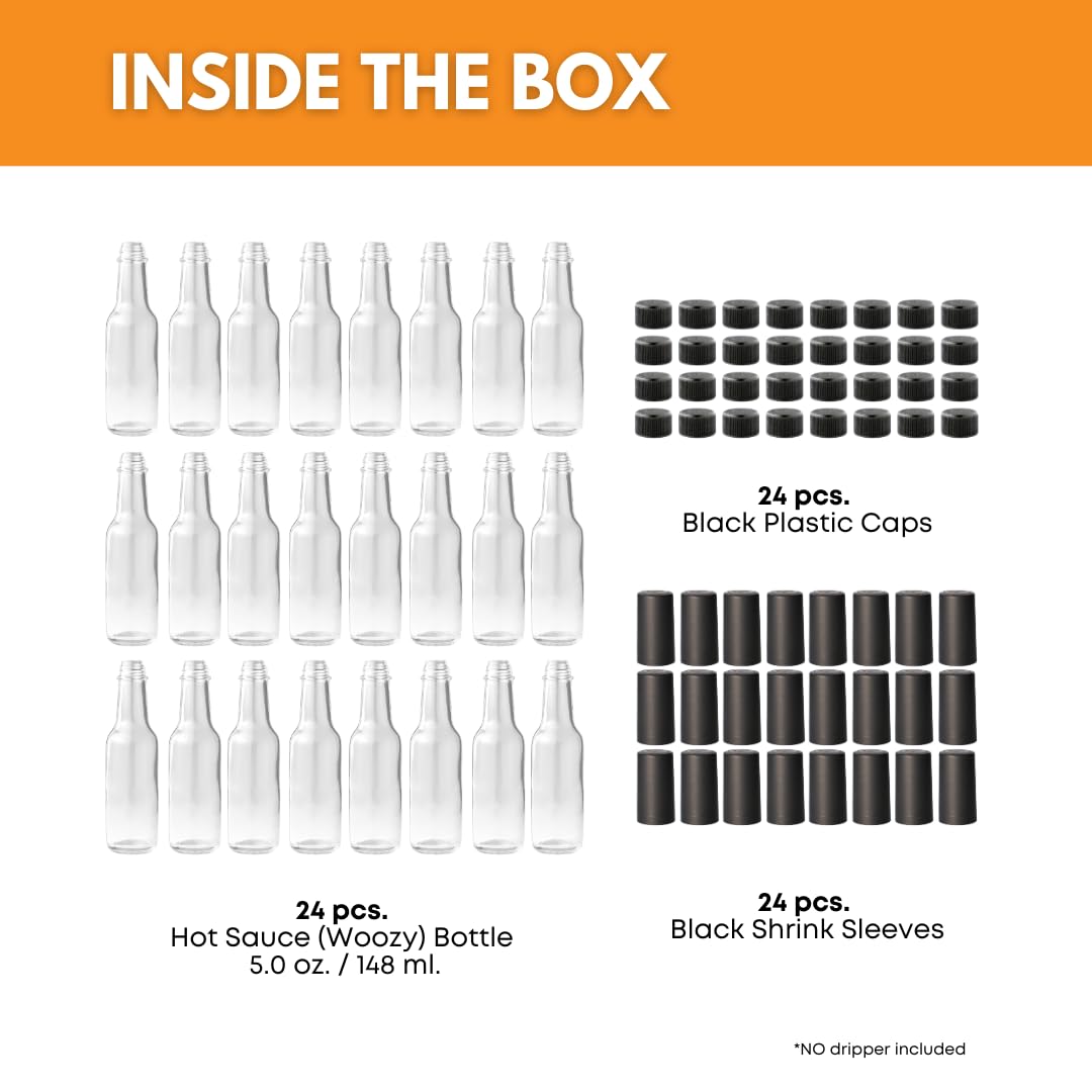 FastRack - 5oz Woozy Bottles for Hot Sauce, Pack of 24 with Black Plastic Caps & Shrink Sleeves, Empty, Clear Glass bottles with Leakproof Cap - No Dripper Included