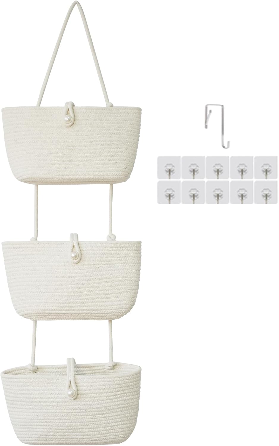 TeoKJ 3-Tier Hanging Baskets for Storage with Pearl Button Strap, Over The Door Storage Baskets for Bathroom, Bedroom, Closet, Door Storage Organizer for Decoration, White