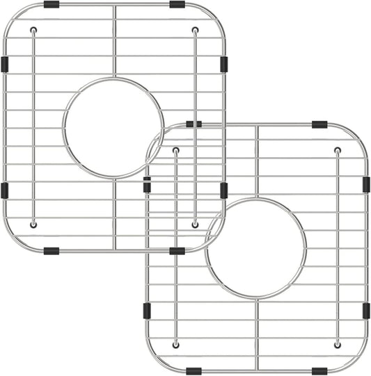 Bottom of Sink Protector Rack, Stainless Steel 13.2"x11.6" Sink Grid Dish Drying Rack Grate with Center Drain Hole 2 Packs