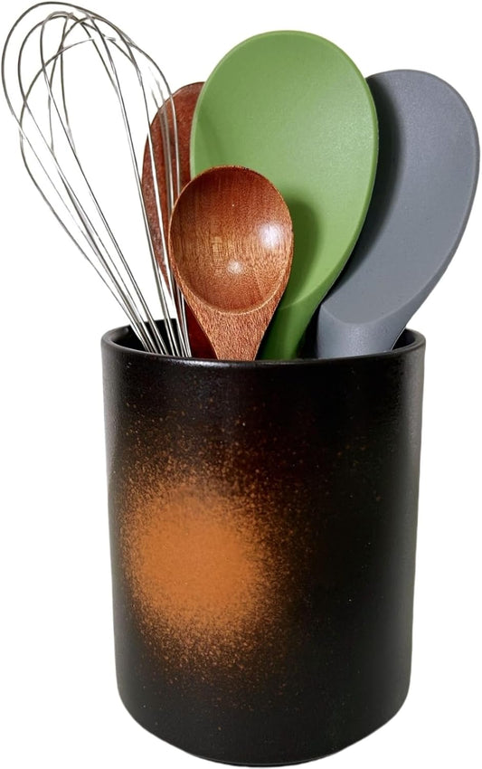 Medium Stoneware Kitchen Utensil Holder for Kitchen Counter Short Cooking Utensil Holder for Countertop Spatula Holder Small Utensil Crock Cutlery Holder Silverware Caddy Flower Vase (Firework)