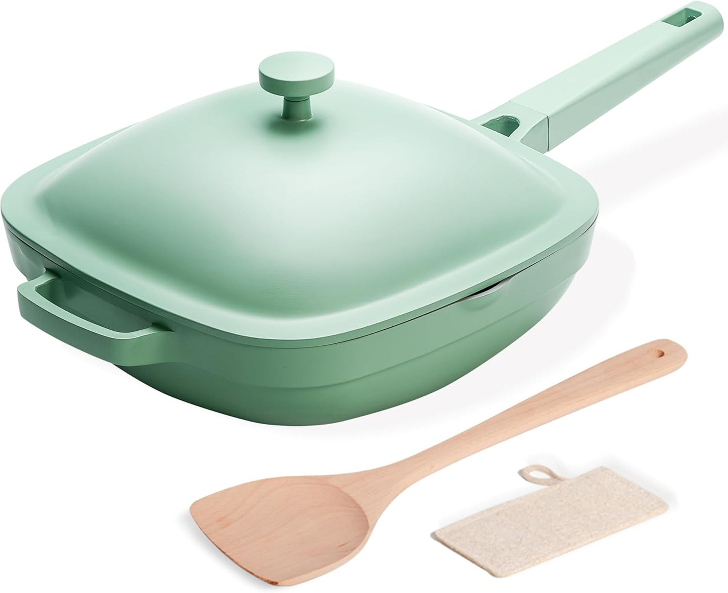 10.5 Inch(3.8QT) Deep Frying Pan,Non Stick Frying Pans Cast Aluminum,Ti-Ceramic Non Toxic Pix Pan with Lid,Natural Wooden Spatula and Loofah Scrubber-Mint Haze