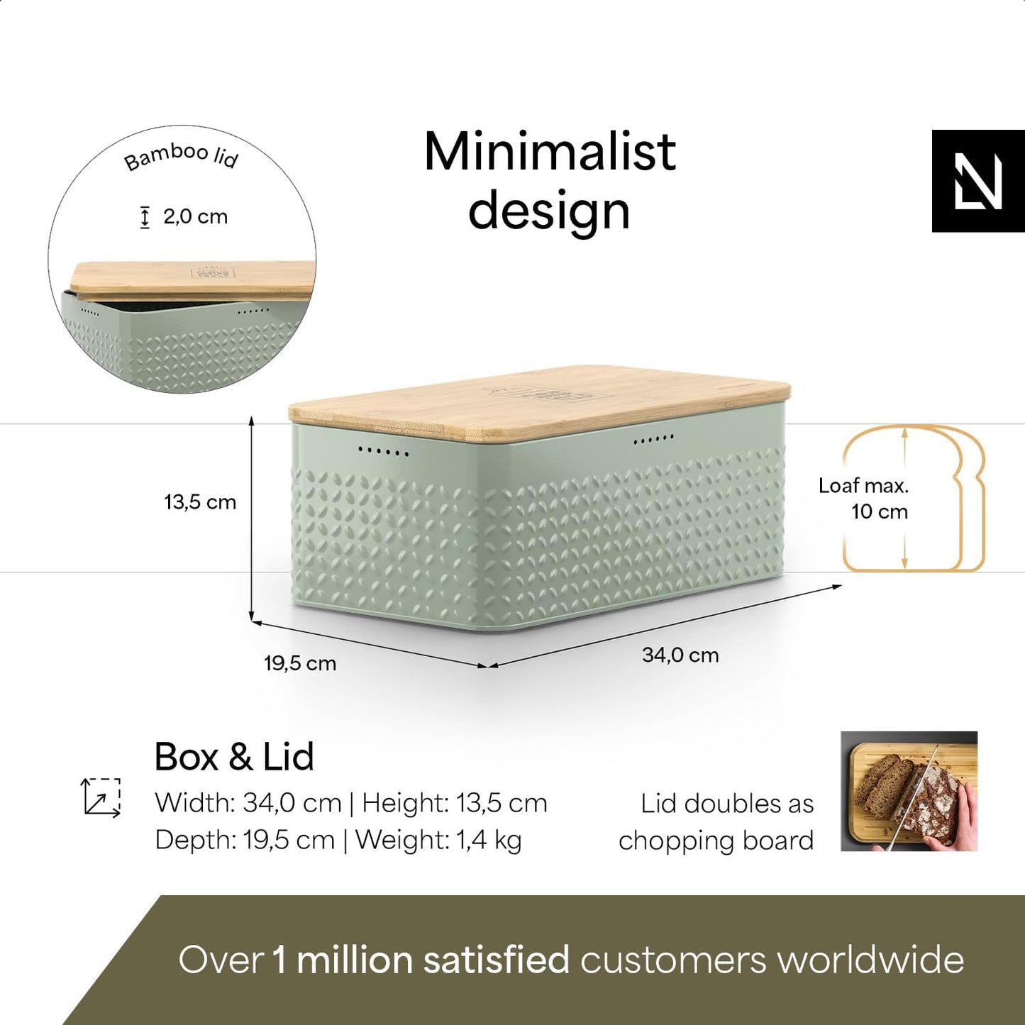 LARS NYSØM Bread Box I Metal Box with linen bag for long lasting freshness I Bread Bin with bamboo lid usable as cutting board I 13.4x7.3x5.3In (Sage Green)