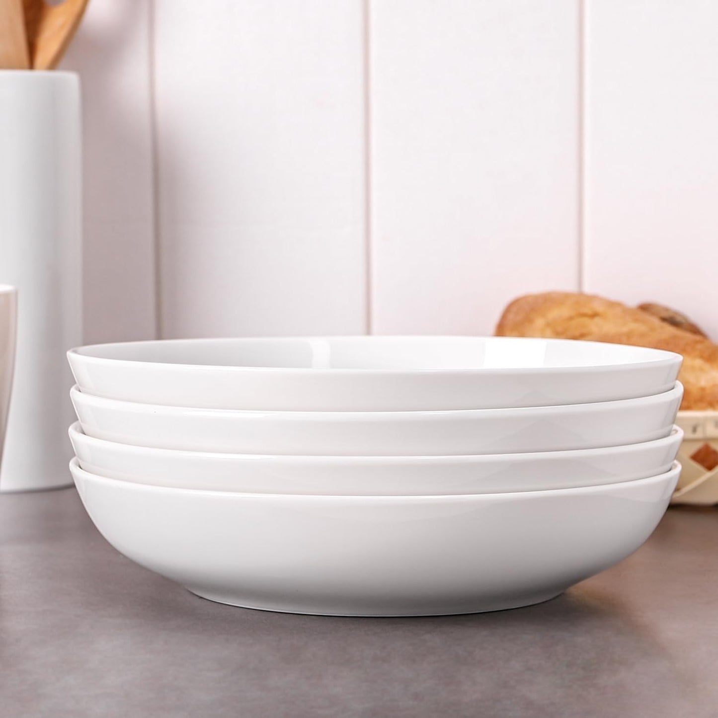 DOWAN 9.75" Pasta Bowls Set of 4, Large Shallow White Ceramic Salad Bowls, 50oz Wide Dinner Bowls for Pasta, Soup, Salad & Stew, Microwave & Dishwasher Safe, Housewarming Gift