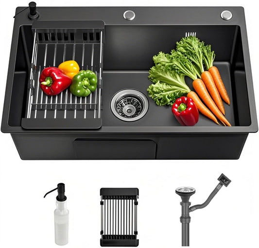 Drop In Kitchen Sink Workstation, Nano Stainless Steel Topmount Bar Single Bowl Sink Combo-Soap Dispenser, Drain Basket, Drain Strainer Set for Modern Kitchen Sink (23.6 * 17.7 * 7.9in)