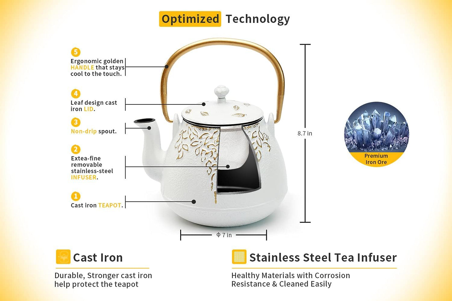 Tea Kettle, TOPTIER Japanese Cast Iron Teapot with Infuser for Loose Leaf and Tea Bags, Stovetop Safe Cast Iron Tea Kettle Coated with Enameled Interior for 40 oz (1200 ml), White