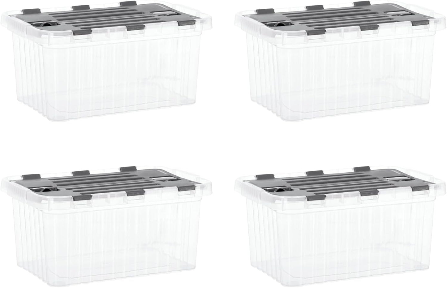 Superio Clear Storage Boxes with Attached Lids, Plastic Container Bins with Hinged Lids for Organizing, Stackable Crates, BPA Free, Non Toxic Organizers (4 Pack, 17"x11.65"x8.75")