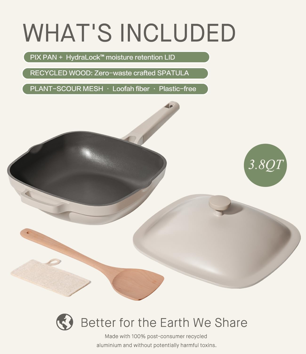 10.5 Inch(3.8QT) Deep Frying Pan,Non Stick Frying Pans Cast Aluminum,Ti-Ceramic Non Toxic Pix Pan with Lid,Natural Wooden Spatula and Loofah Scrubber-Morning Mist