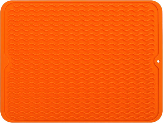 Silicone Dish Drying Mat for Multiple Usage,Easy clean,Eco-friendly,Heat-resistant Silicone Mat for Kitchen Counter or Sink,Refrigerator or drawer liner Orange L 16 inches x 12 inches